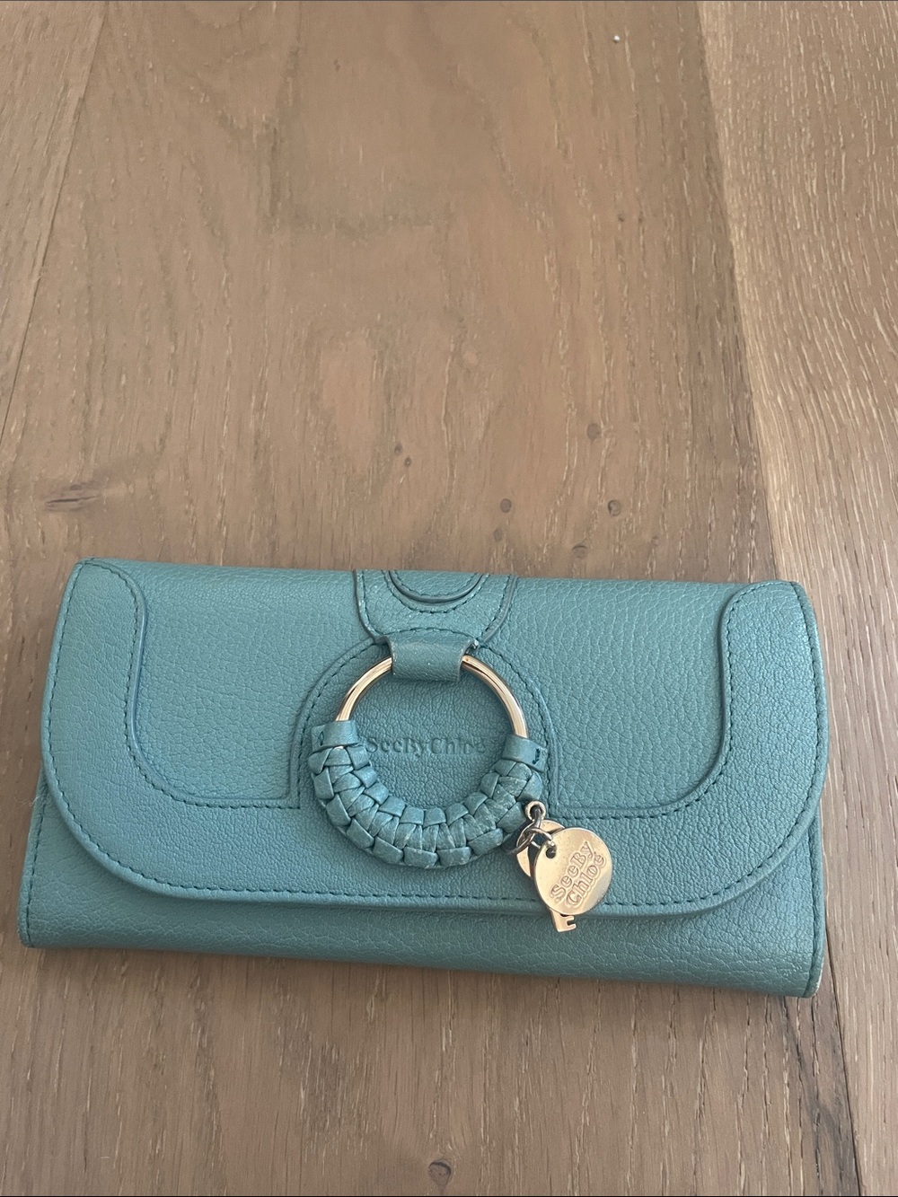 See By Chloe Teal Leather Flap Wallet with Braided Ring Charm